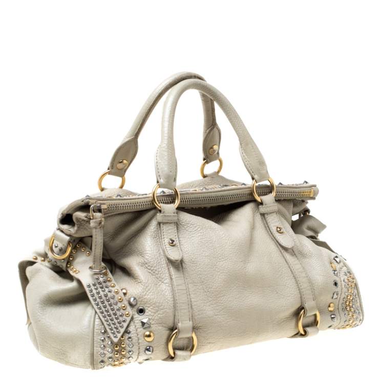 Pre Owned Miu Miu Beige Leather Studded Bow Satchel