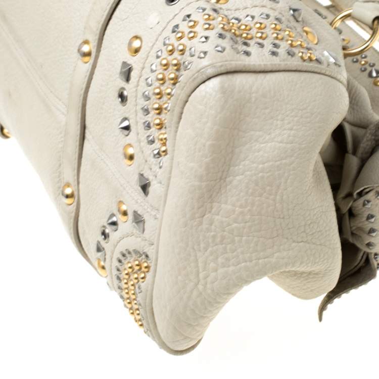 Pre Owned Miu Miu Beige Leather Studded Bow Satchel