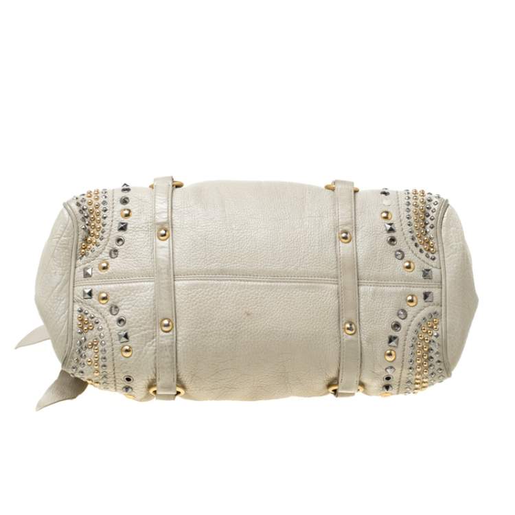 Pre Owned Miu Miu Beige Leather Studded Bow Satchel