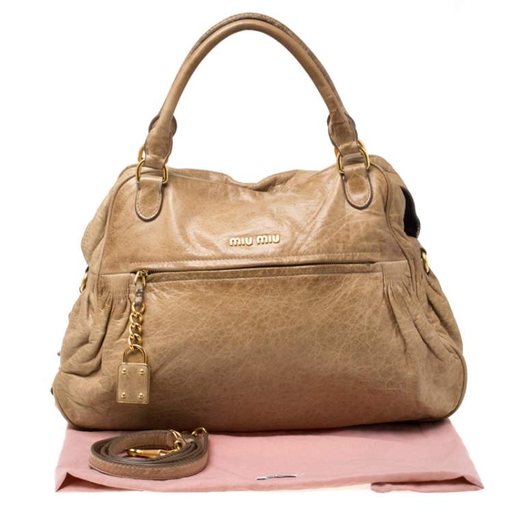 Pre Owned Miu Miu Beige Leather Lily Distressed Satchel
