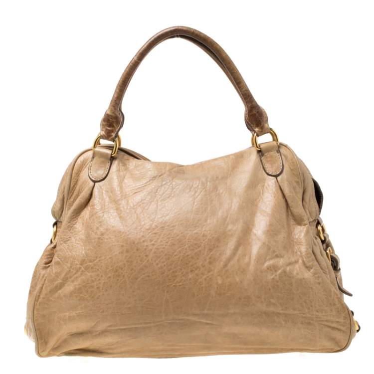 Pre Owned Miu Miu Beige Leather Lily Distressed Satchel