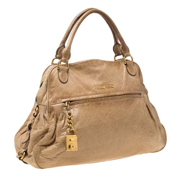 Pre Owned Miu Miu Beige Leather Lily Distressed Satchel