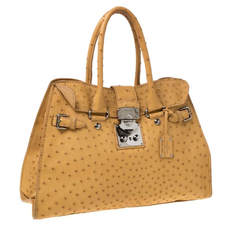 Pre Owned Miu Miu Yellow Ostrich Leather Special Edition 07/8 Tote
