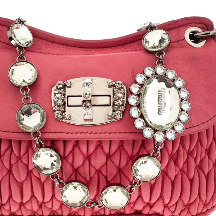 Pre Owned Miu Miu Pink Matelassé Leather Crystal Flap Shoulder Bag