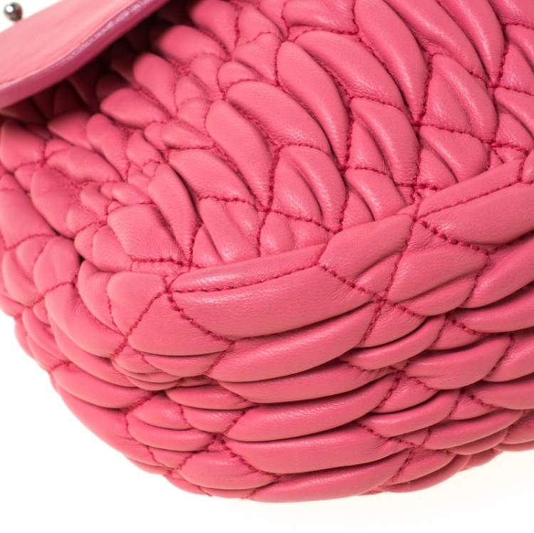 Pre Owned Miu Miu Pink Matelassé Leather Crystal Flap Shoulder Bag