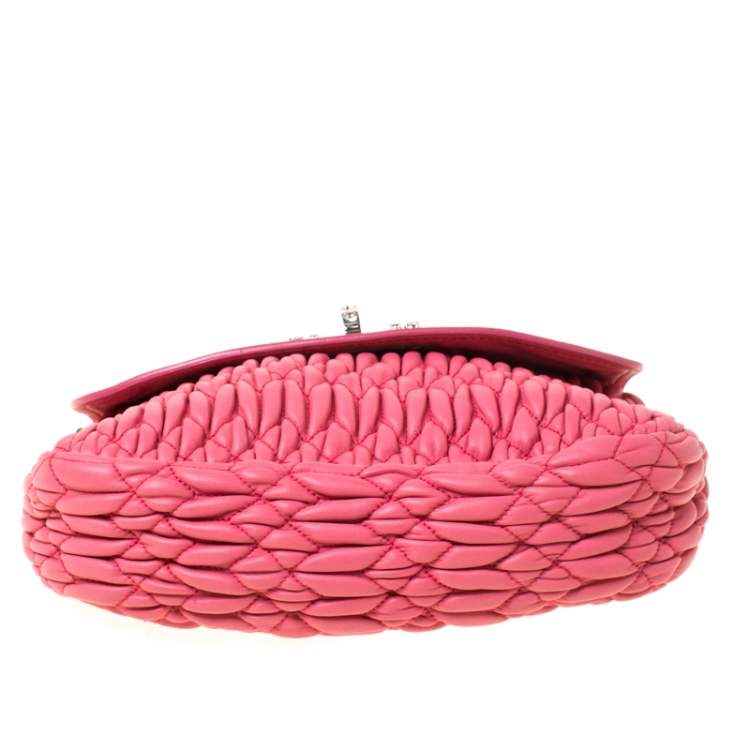 Pre Owned Miu Miu Pink Matelassé Leather Crystal Flap Shoulder Bag