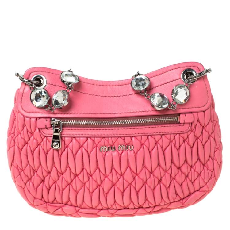 Pre Owned Miu Miu Pink Matelassé Leather Crystal Flap Shoulder Bag