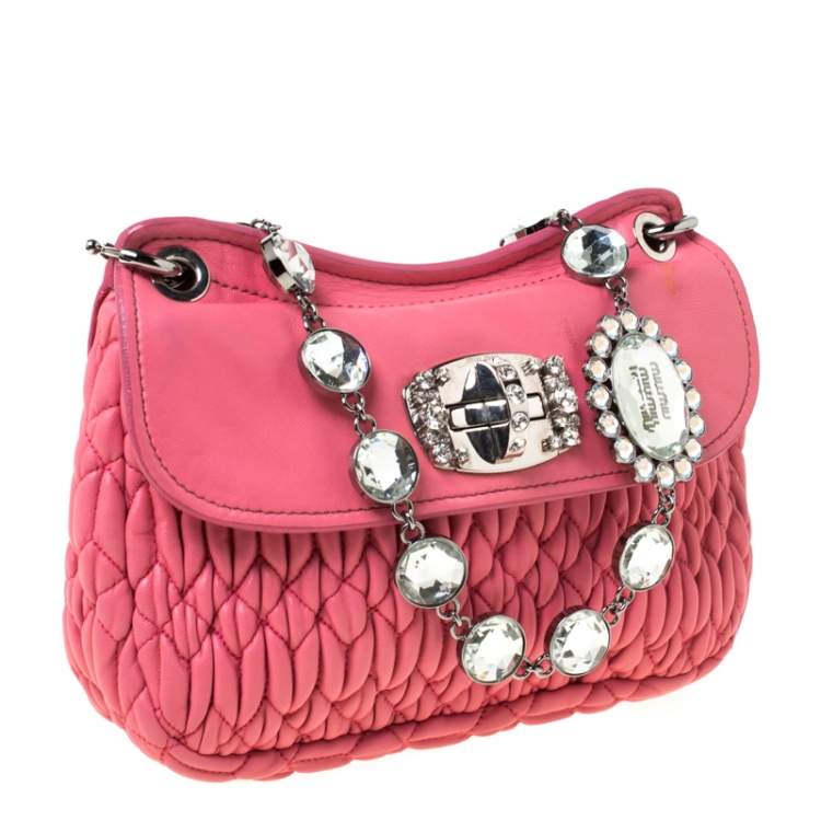 Pre Owned Miu Miu Pink Matelassé Leather Crystal Flap Shoulder Bag