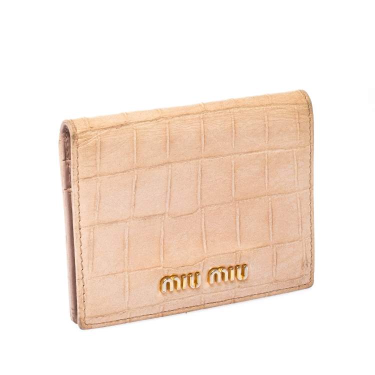 Pre Owned Miu Miu Beige Croc Embossed Leather Bifold Card Holder