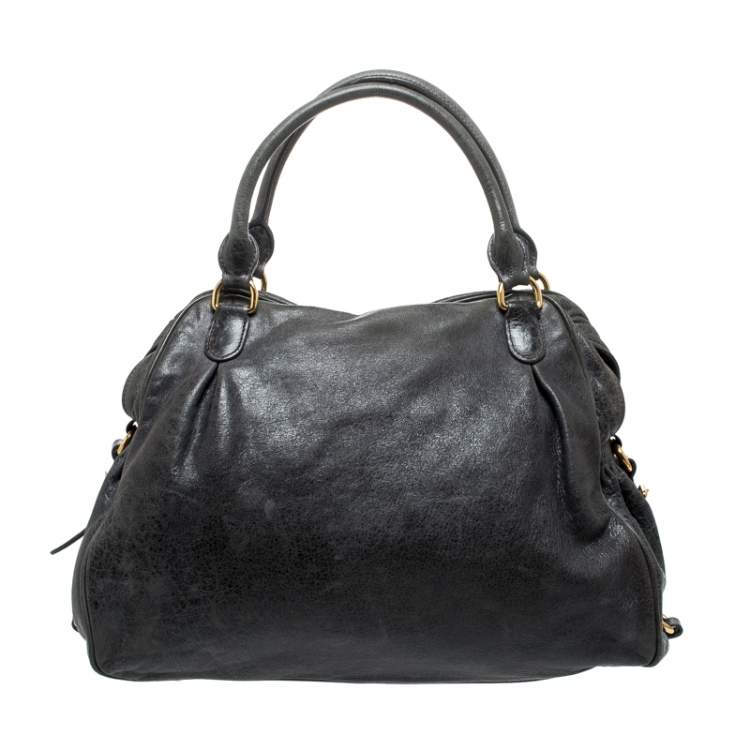 Pre Owned Miu Miu Dark Grey Leather Lily Distressed Satchel