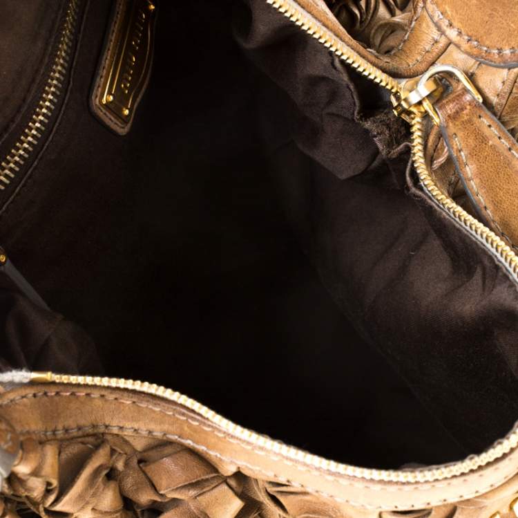 Pre Owned Miu Miu Brown Woven Leather Fringe Hobo