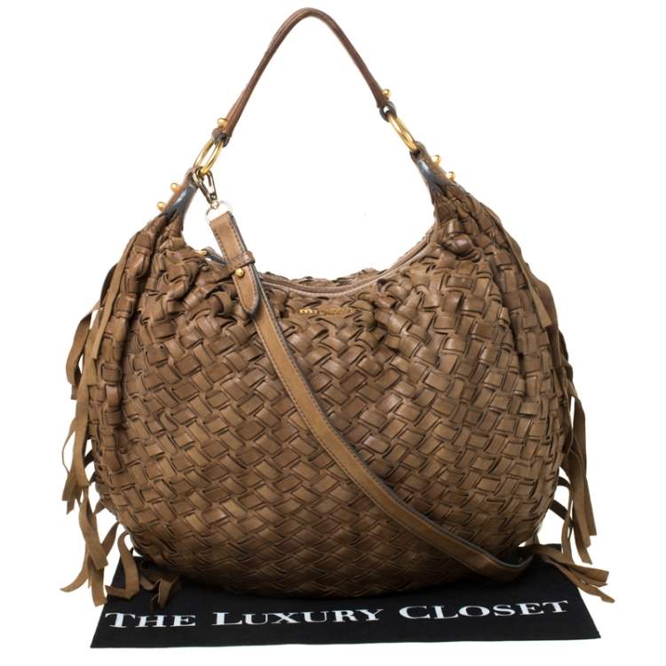 Pre Owned Miu Miu Brown Woven Leather Fringe Hobo