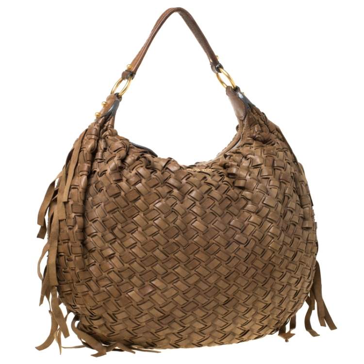 Pre Owned Miu Miu Brown Woven Leather Fringe Hobo