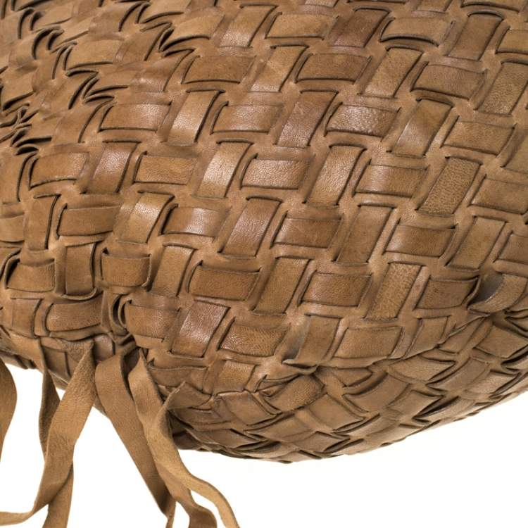 Pre Owned Miu Miu Brown Woven Leather Fringe Hobo