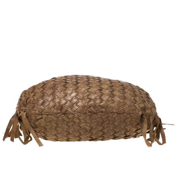 Pre Owned Miu Miu Brown Woven Leather Fringe Hobo