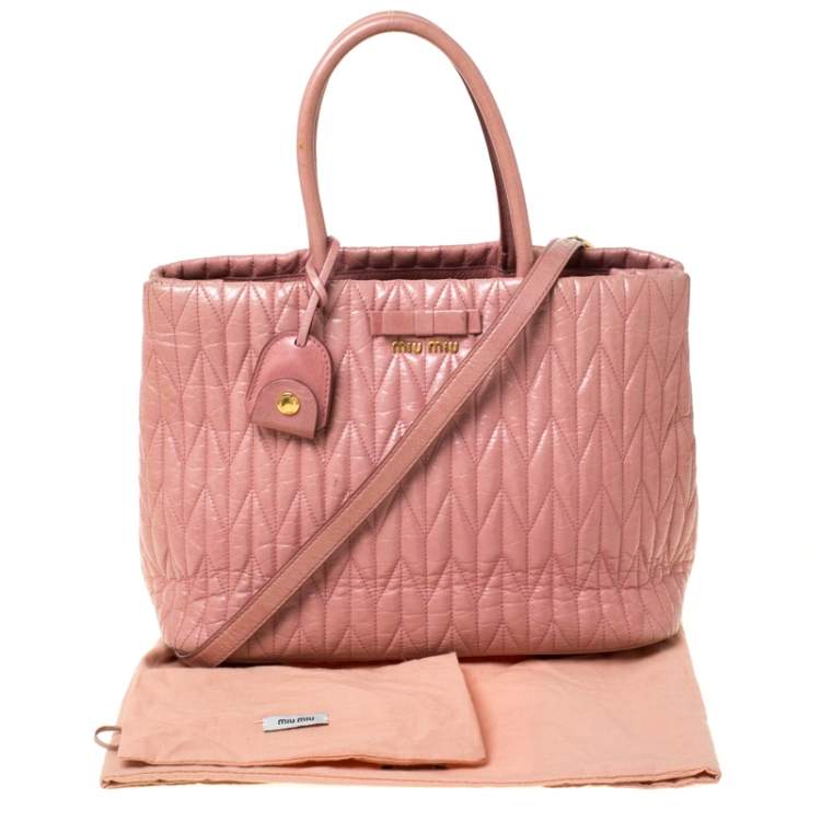 Pre Owned Miu Miu Pastel Pink Matelassé Leather Bow Tote