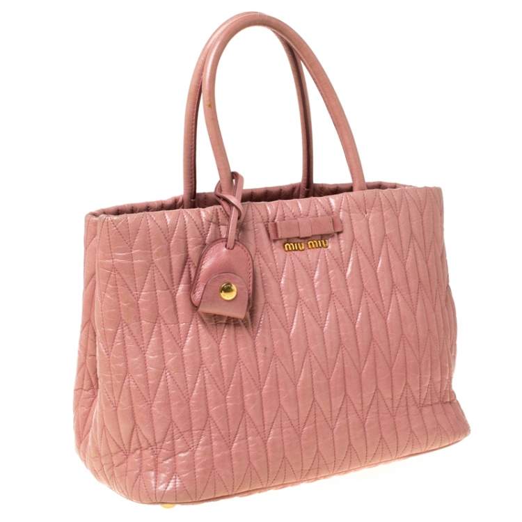Pre Owned Miu Miu Pastel Pink Matelassé Leather Bow Tote