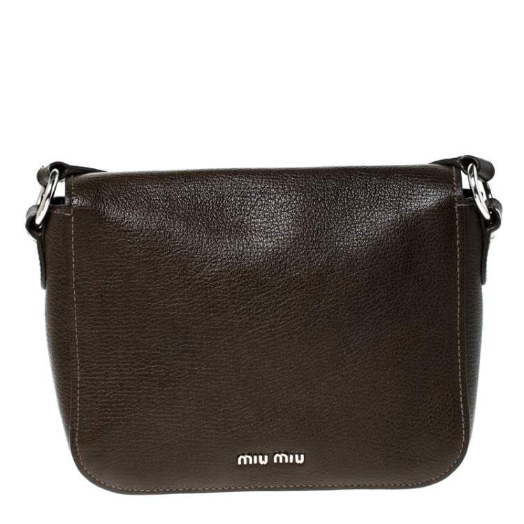 Pre Owned Miu Miu Dark Green Leather Pushlock Crossbody Bag