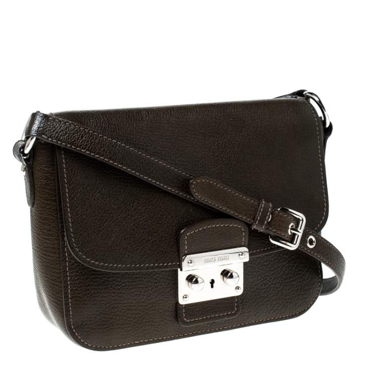 Pre Owned Miu Miu Dark Green Leather Pushlock Crossbody Bag