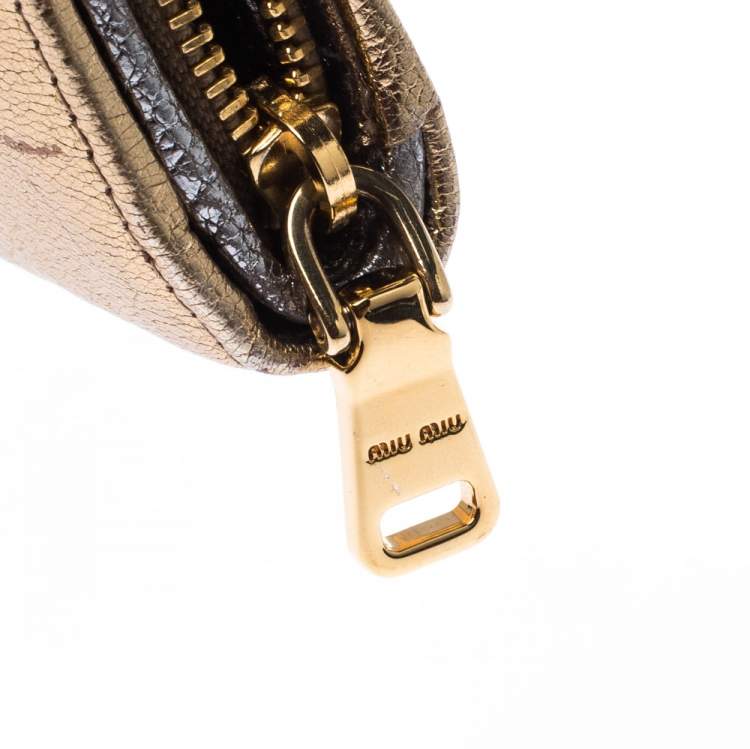 Pre Owned Miu Miu Gold/ Silver Metallic Leather Flap Wallet