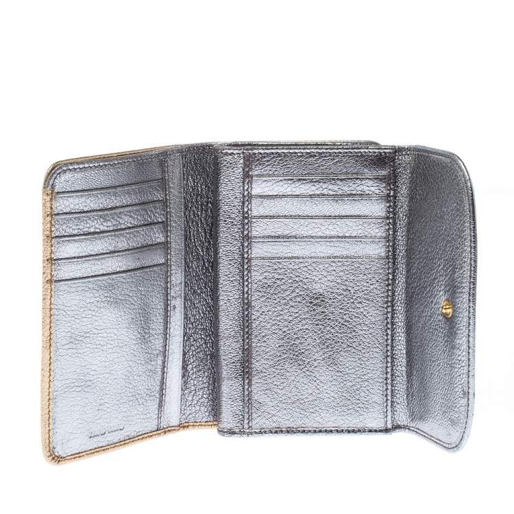 Pre Owned Miu Miu Gold/ Silver Metallic Leather Flap Wallet
