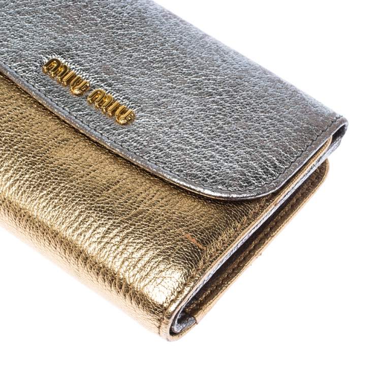 Pre Owned Miu Miu Gold/ Silver Metallic Leather Flap Wallet