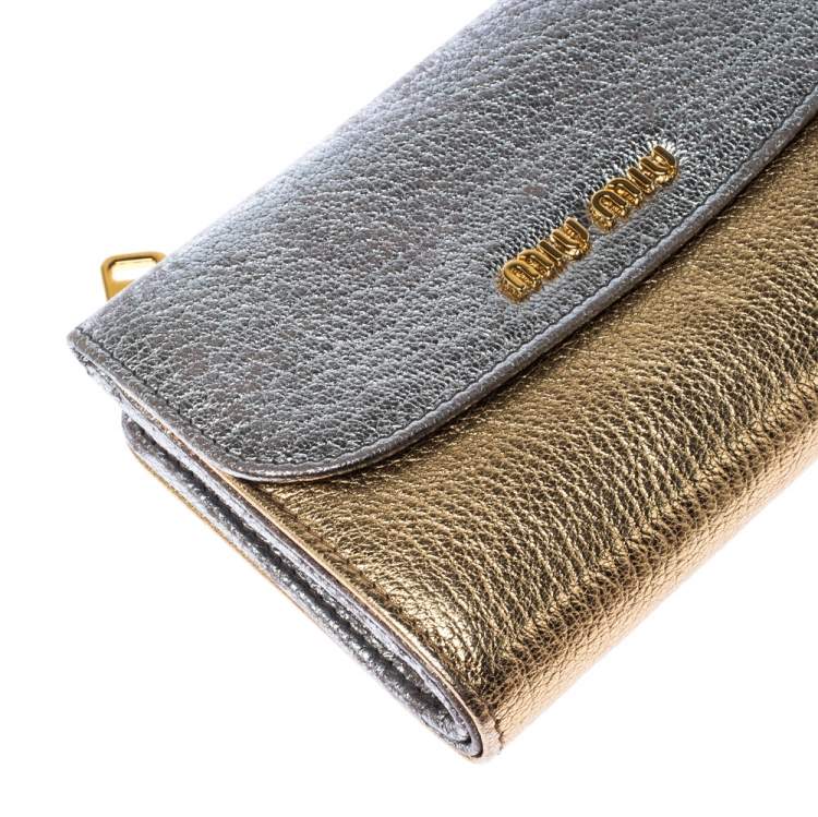 Pre Owned Miu Miu Gold/ Silver Metallic Leather Flap Wallet