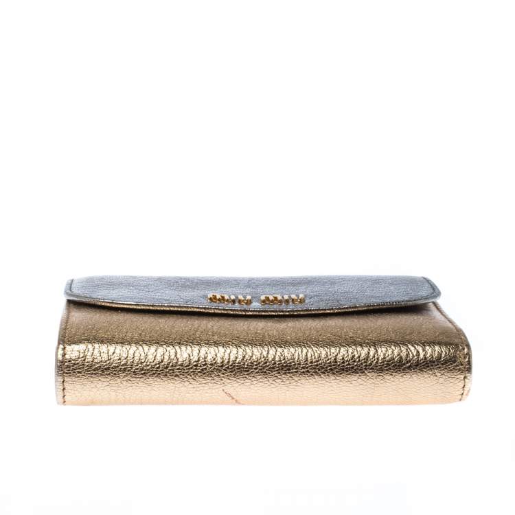 Pre Owned Miu Miu Gold/ Silver Metallic Leather Flap Wallet