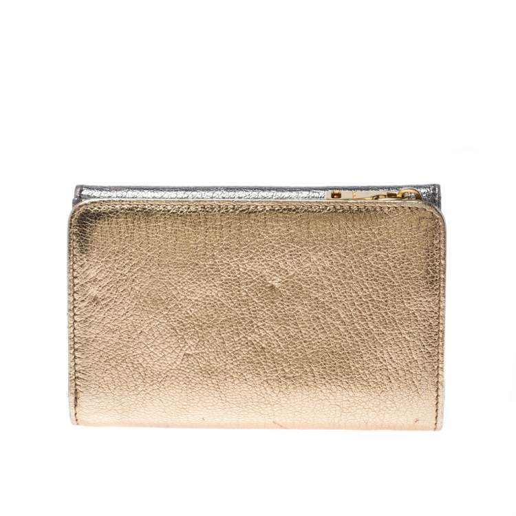 Pre Owned Miu Miu Gold/ Silver Metallic Leather Flap Wallet