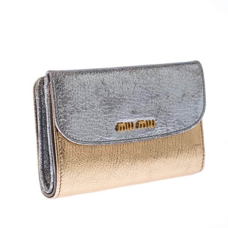 Pre Owned Miu Miu Gold/ Silver Metallic Leather Flap Wallet