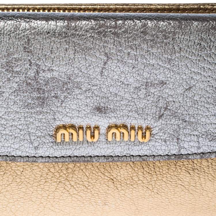 Pre Owned Miu Miu Gold/ Silver Metallic Leather Flap Wallet