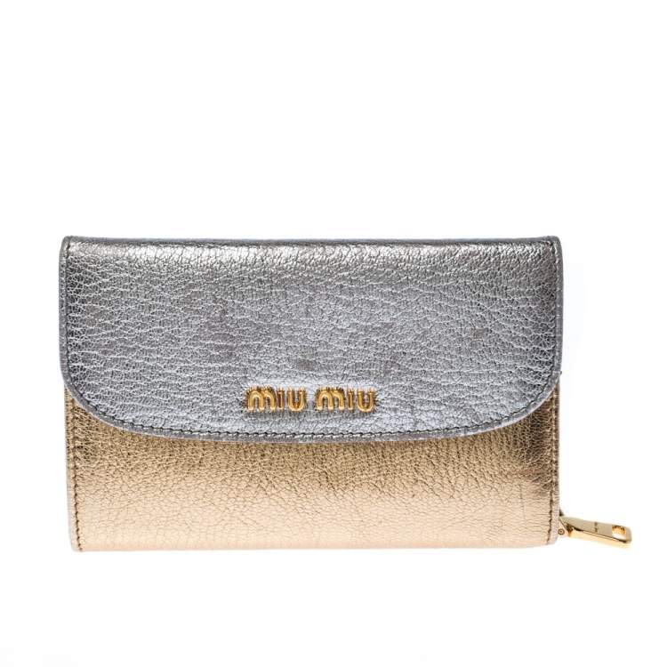Pre Owned Miu Miu Gold/ Silver Metallic Leather Flap Wallet