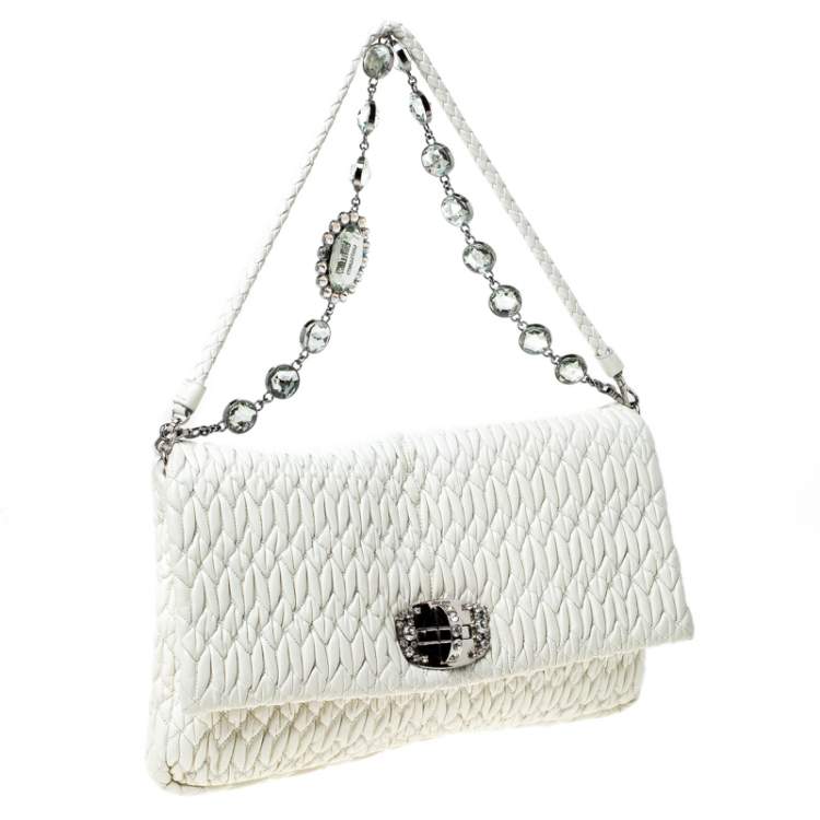 Pre Owned Miu Miu White Matelassé Leather Crystal Flap Shoulder Bag