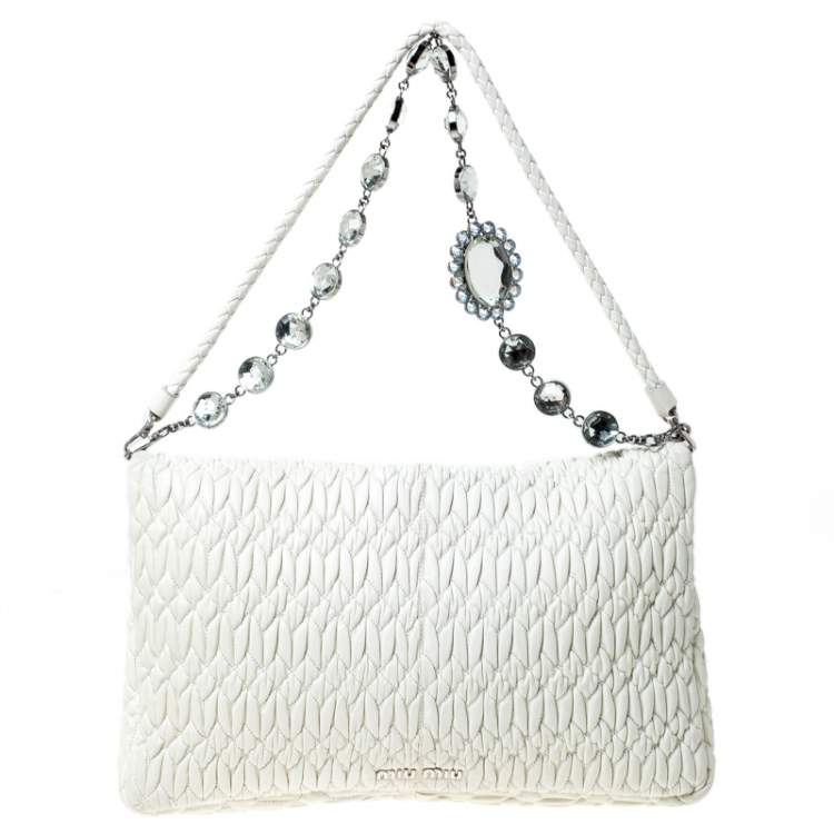 Pre Owned Miu Miu White Matelassé Leather Crystal Flap Shoulder Bag