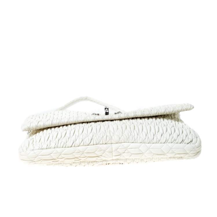 Pre Owned Miu Miu White Matelassé Leather Crystal Flap Shoulder Bag