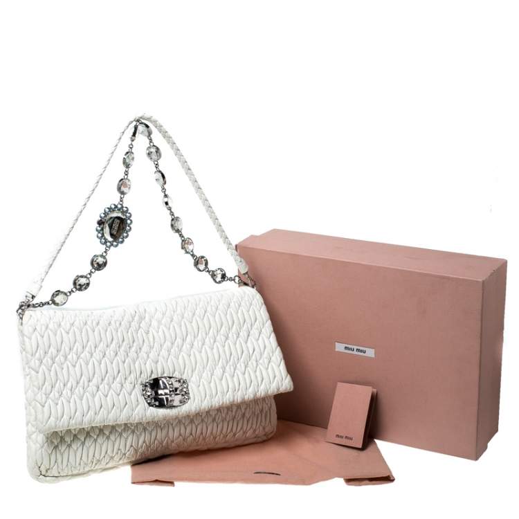 Pre Owned Miu Miu White Matelassé Leather Crystal Flap Shoulder Bag