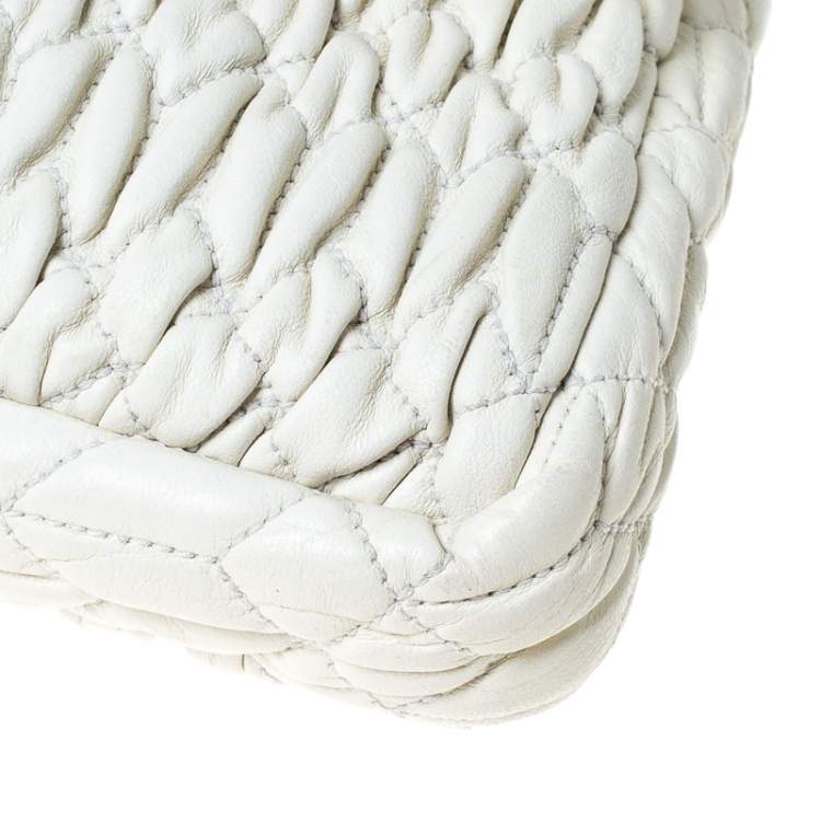Pre Owned Miu Miu White Matelassé Leather Crystal Flap Shoulder Bag