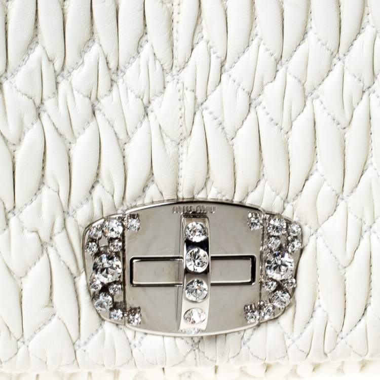 Pre Owned Miu Miu White Matelassé Leather Crystal Flap Shoulder Bag