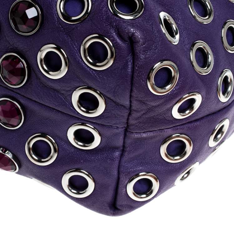 Pre Owned Miu Miu Purple Leather Grommet Embellished Drawstring Crossbody Bag