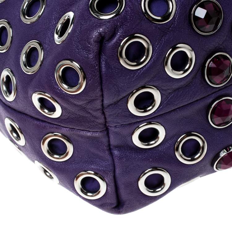 Pre Owned Miu Miu Purple Leather Grommet Embellished Drawstring Crossbody Bag