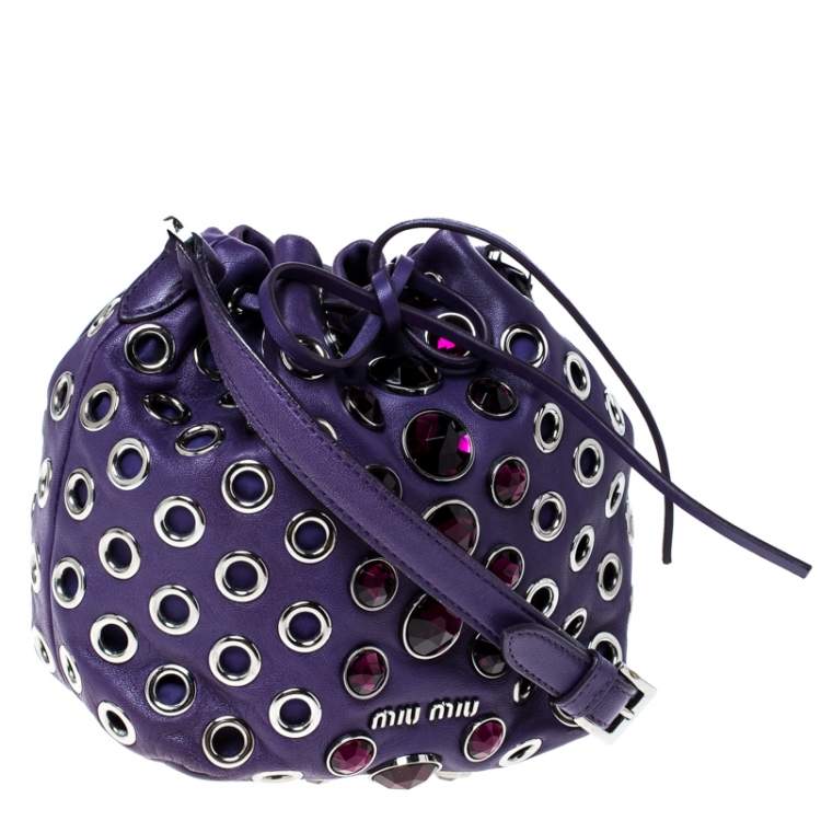 Pre Owned Miu Miu Purple Leather Grommet Embellished Drawstring Crossbody Bag
