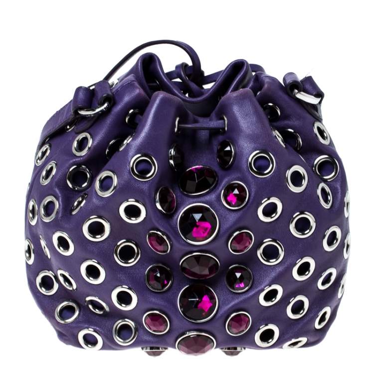 Pre Owned Miu Miu Purple Leather Grommet Embellished Drawstring Crossbody Bag