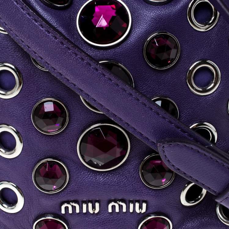 Pre Owned Miu Miu Purple Leather Grommet Embellished Drawstring Crossbody Bag