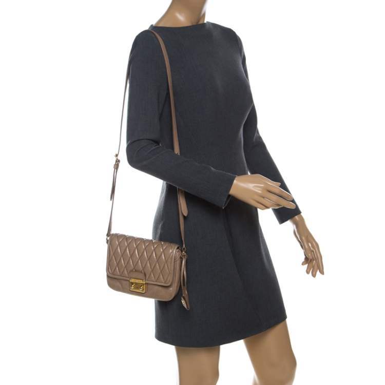 Pre Owned Miu Miu Beige Quilted Leather Push Lock Flap Shoulder Bag