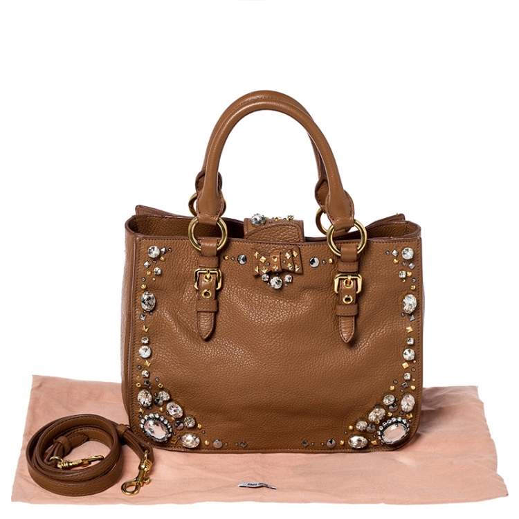 Pre Owned  Miu Miu Tan Leather Crystal Embellished Studded Tote