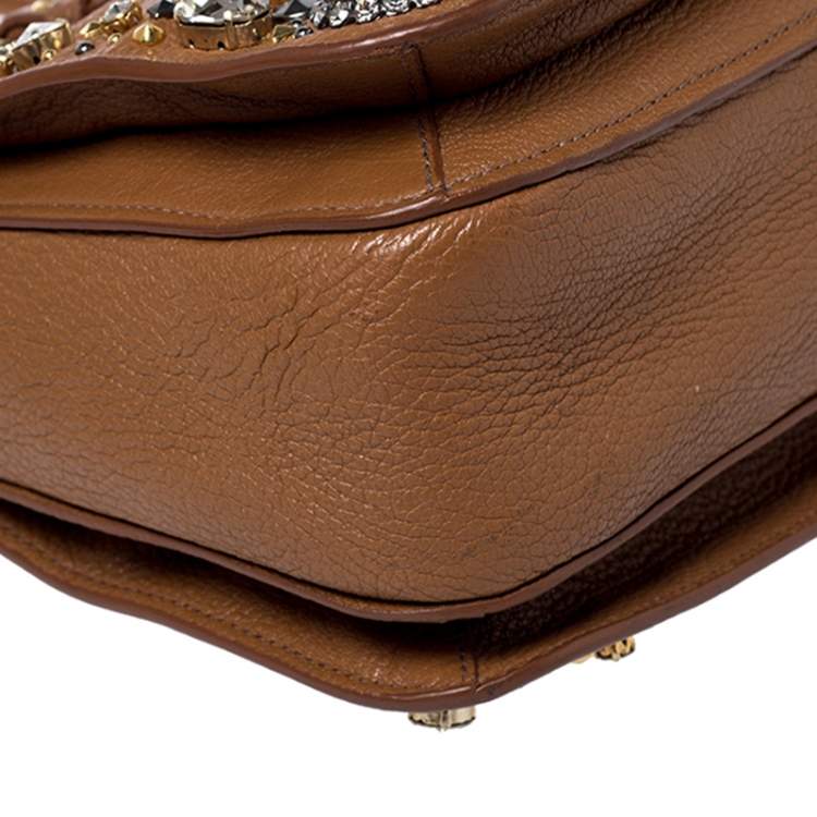 Pre Owned  Miu Miu Tan Leather Crystal Embellished Studded Tote