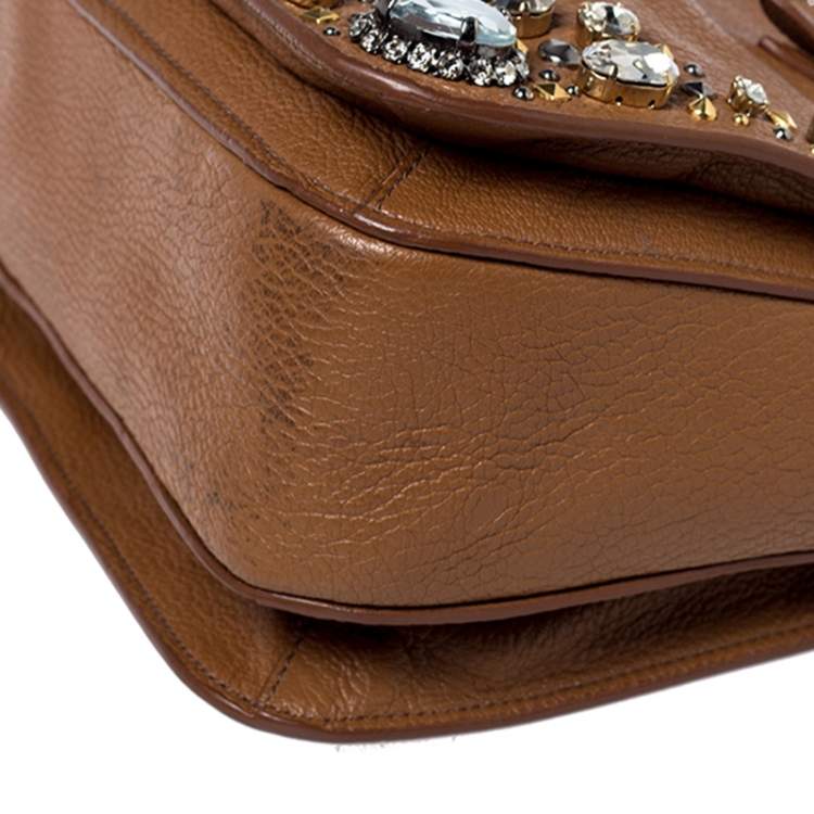 Pre Owned  Miu Miu Tan Leather Crystal Embellished Studded Tote