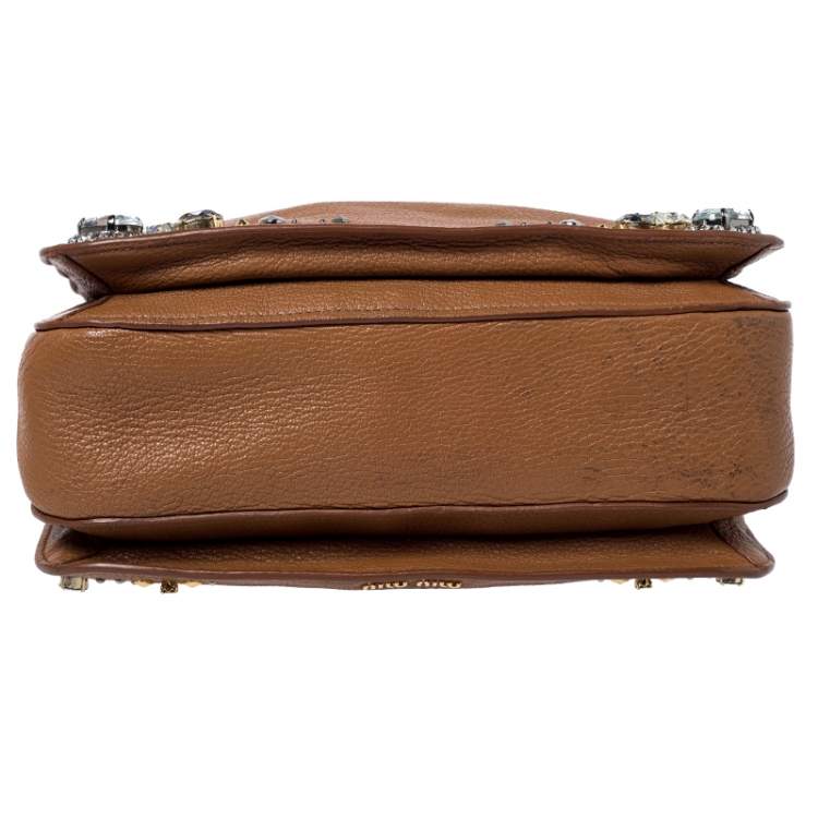 Pre Owned  Miu Miu Tan Leather Crystal Embellished Studded Tote