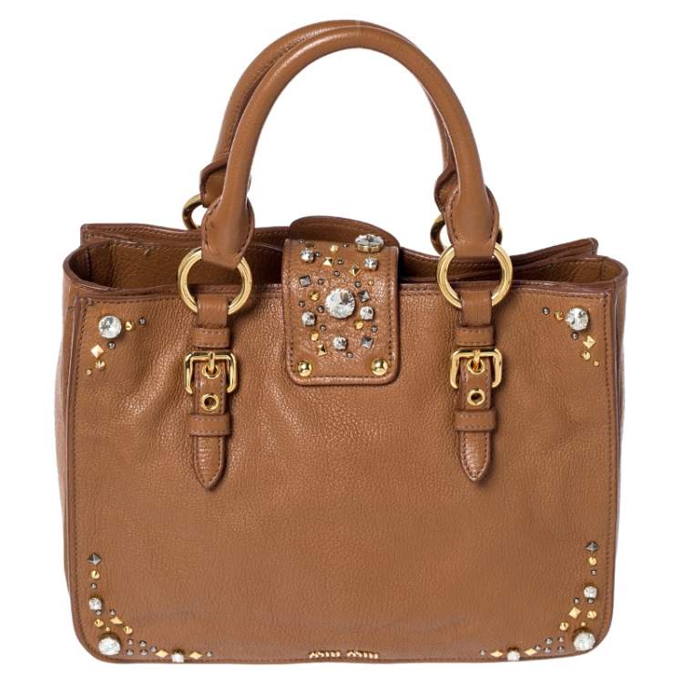 Pre Owned  Miu Miu Tan Leather Crystal Embellished Studded Tote