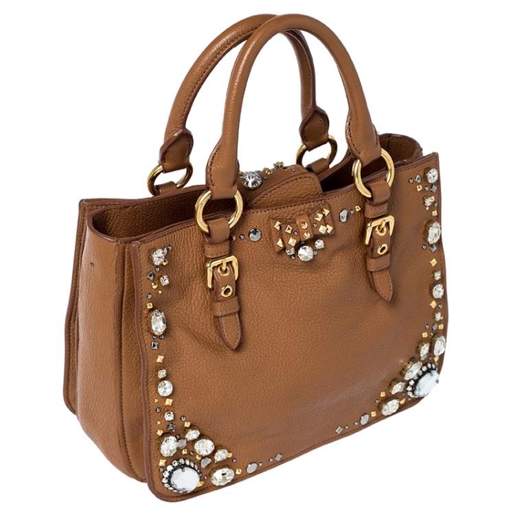 Pre Owned  Miu Miu Tan Leather Crystal Embellished Studded Tote